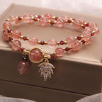 Fortune Jewel Natural Strawberry Quartz Love Healing Maple Leaf Charm Double Wrap Bracelet
