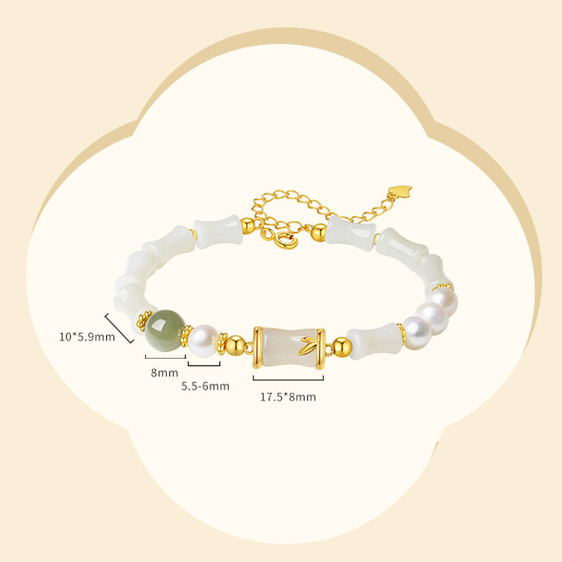 Fortune Jewel 925 Sterling Silver Natural Hetian White Jade Bamboo Luck Blessing Bracelet