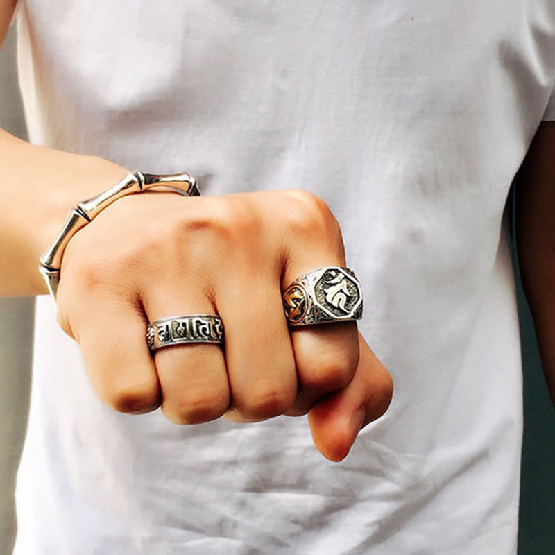 Fortune Jewel 925 Sterling Silver Sanskrit Design Carved Protection Adjustable Ring