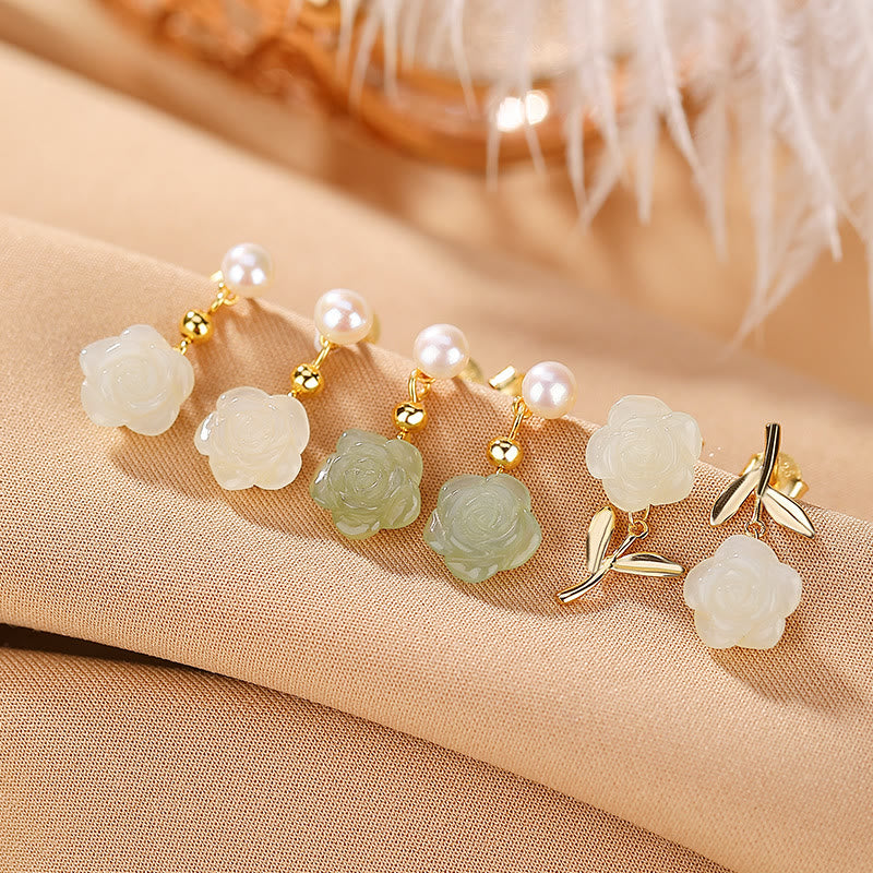 Fortune Jewel 925 Sterling Silver Plated Gold Jade Rose Flower Cyan Jade Pearl Luck Earrings
