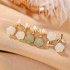 Fortune Jewel 925 Sterling Silver Plated Gold Jade Rose Flower Cyan Jade Pearl Luck Earrings
