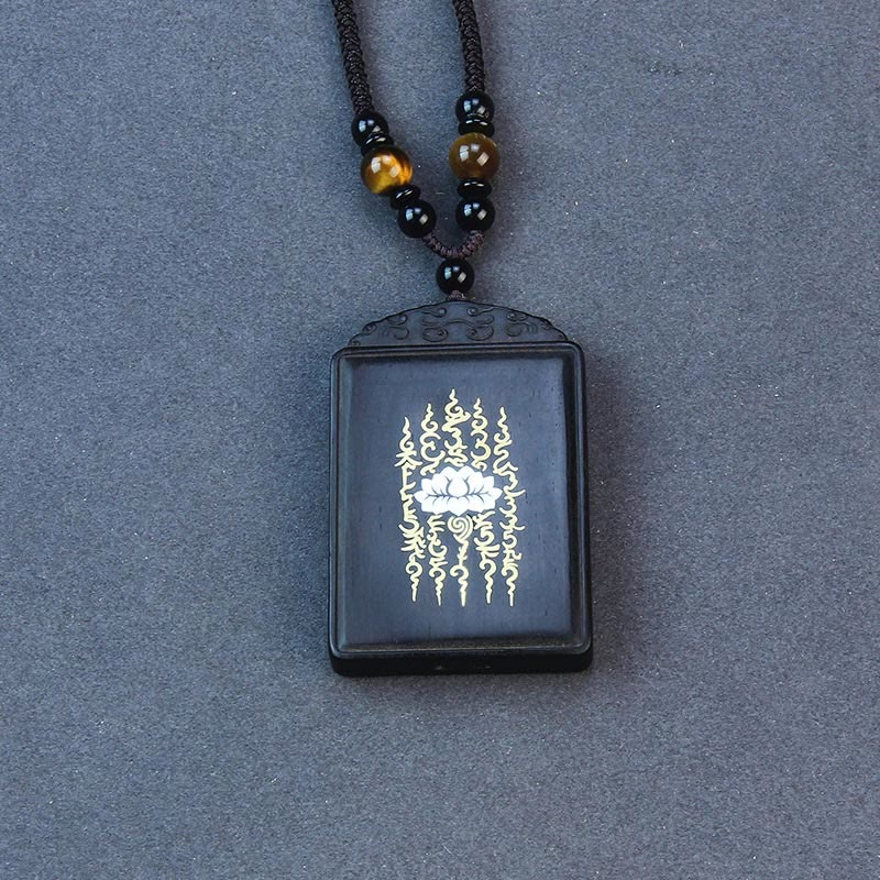 Fortune Jewel 999 Sterling Silver Ebony Wood Lotus Inlaid Calm Necklace Pendant Fortune Jewel