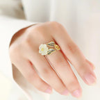 Fortune Jewel 925 Silver Plated Copper White Jade Plum Flower Leaf Luck Ring