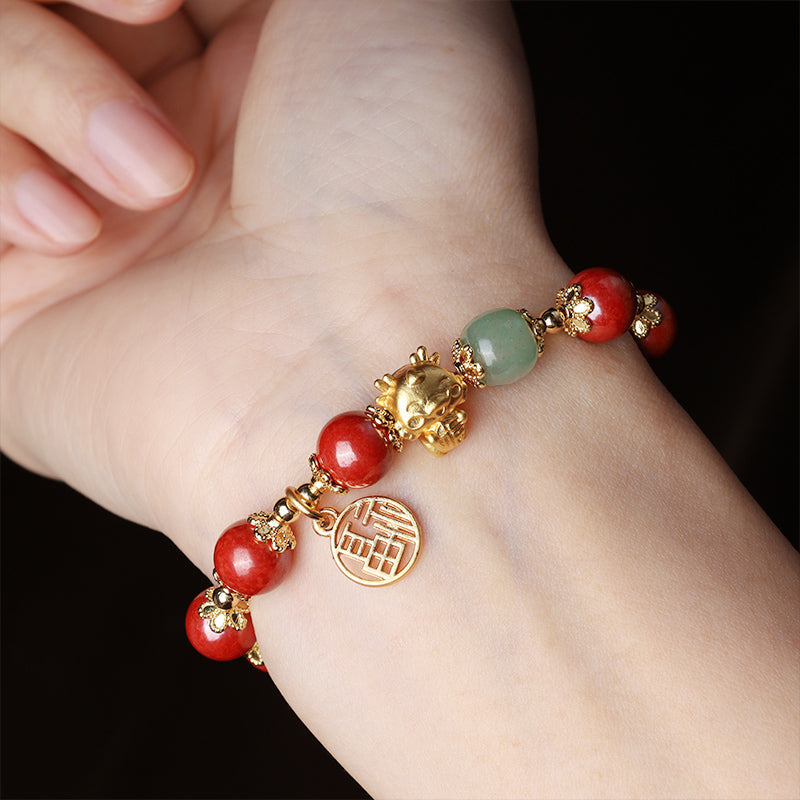 Fortune Jewel Year of the Dragon Natural Cinnabar Fu Character Charm Blessing Bracelet