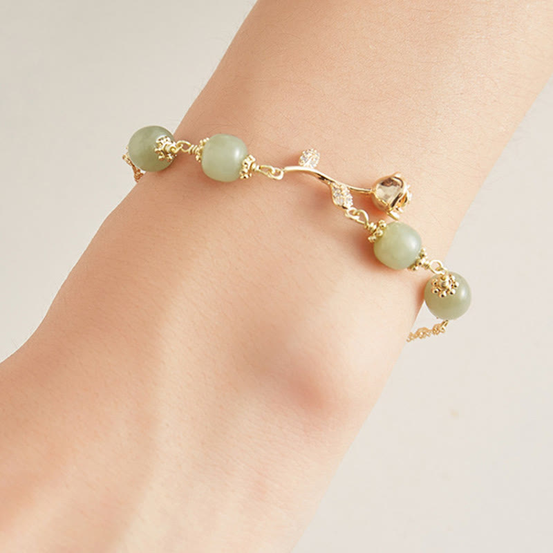 Fortune Jewel 14K Gold Plated Hetian Jade Golden Rose Flower Luck Chain Bracelet