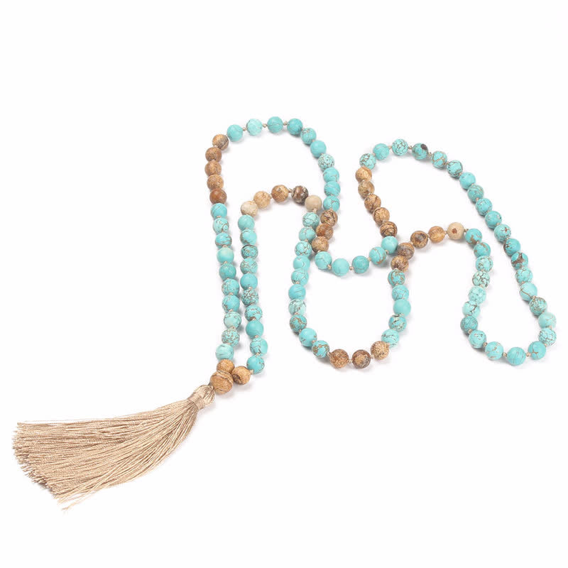 Fortune Jewel 108 Mala Beads Turquoise Picture Jasper Wisdom Tassel Bracelet