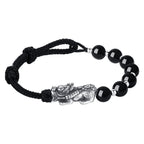 Fortune Jewel 999 Sterling Silver FengShui PiXiu Natural Black Obsidian 925 Sterling Silver Bead Strength Bracelet