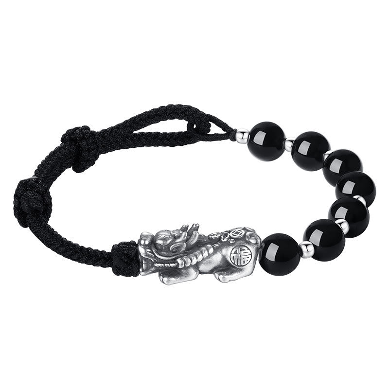 Fortune Jewel 999 Sterling Silver FengShui PiXiu Natural Black Obsidian 925 Sterling Silver Bead Strength Bracelet