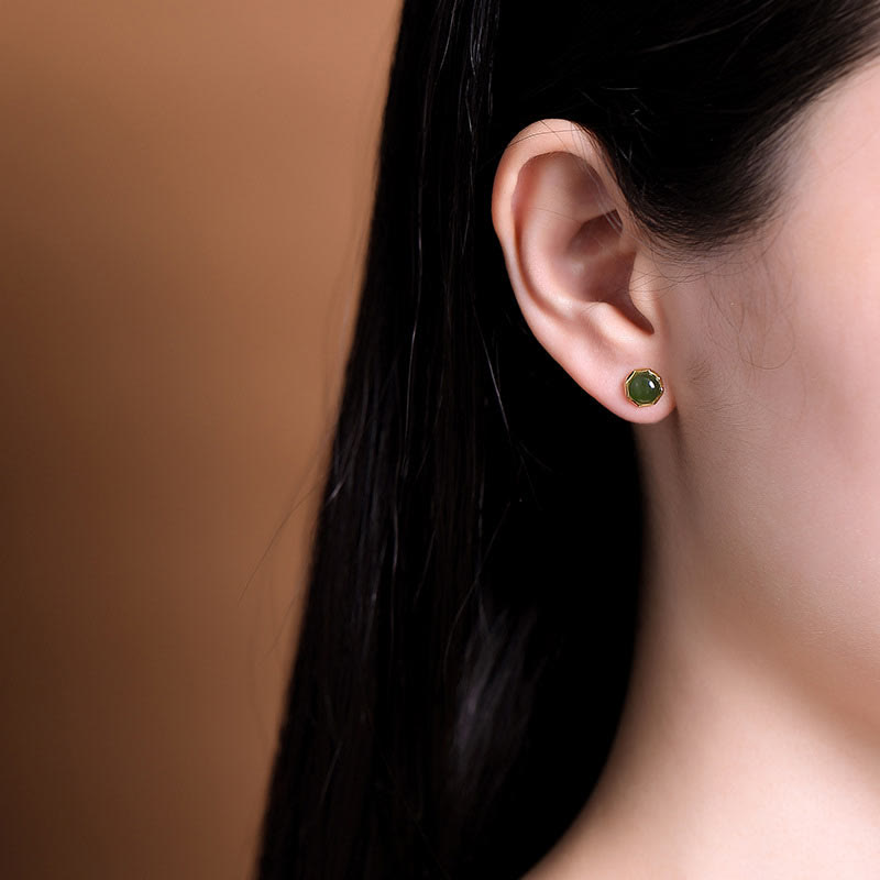 Fortune Jewel 925 Sterling Silver Plated Gold Natural Hetian Cyan Jade Bead Luck Stud Earrings