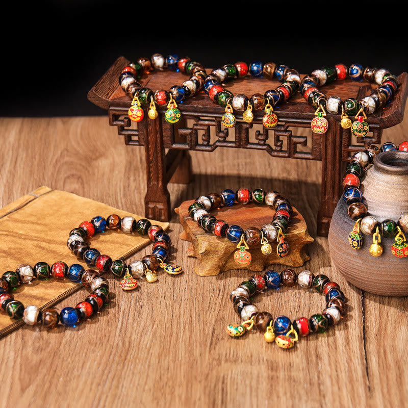 Fortune Jewel Five Elements Gold Swallowing Beast Family Charm Liuli Glass Bead Luck Bracelet