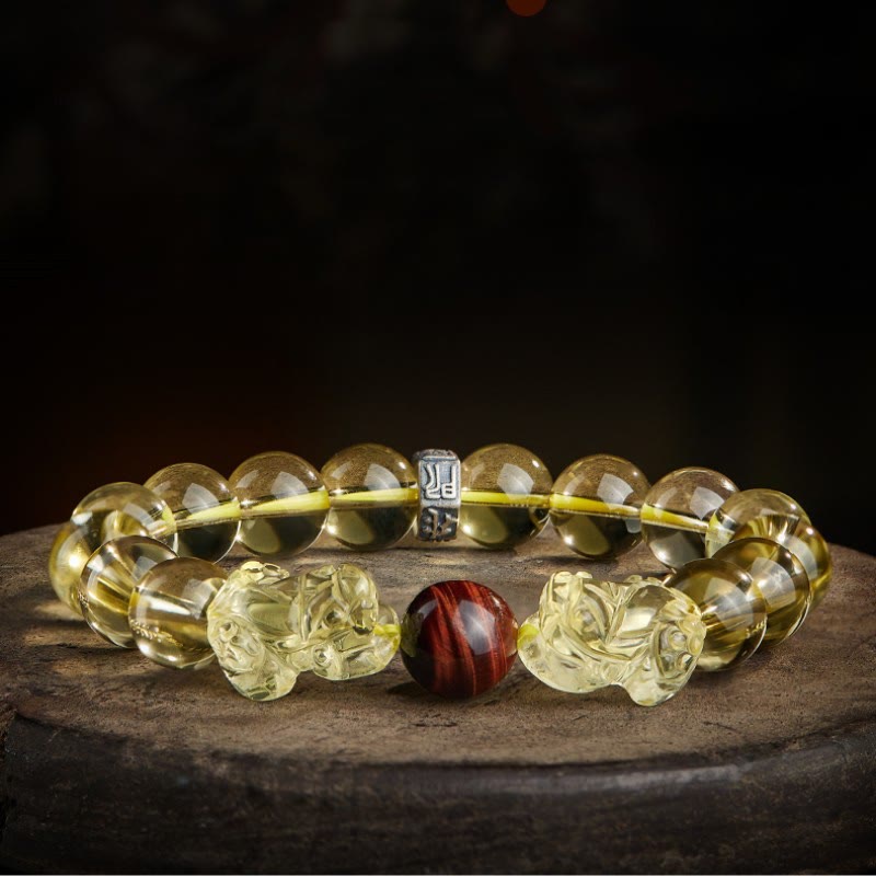 Fortune Jewel Natural Citrine Double PiXiu Tiger Eye Prosperity Protection Bracelet