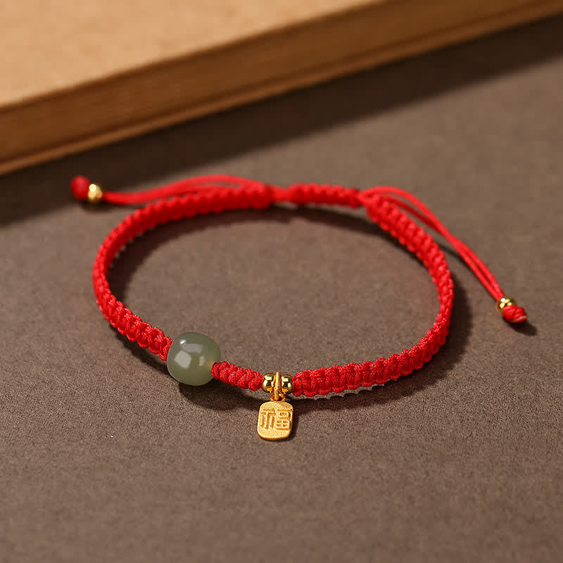 Fortune Jewel 925 Sterling Silver Hetian Jade Blessing Wealth Red String Bracelet