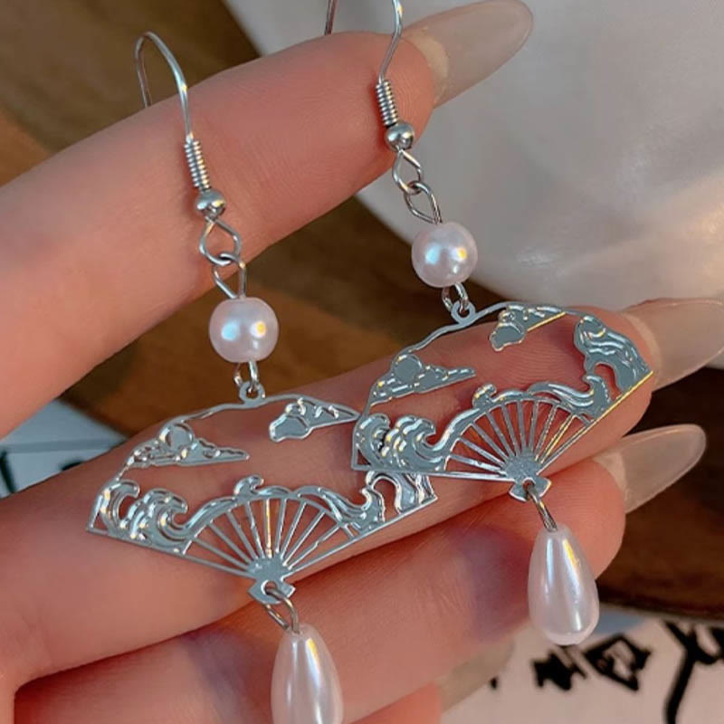 Fortune Jewel Copper Fan Auspicious Clouds Pearl Healing Drop Earrings
