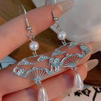 Fortune Jewel Copper Fan Auspicious Clouds Pearl Healing Drop Earrings