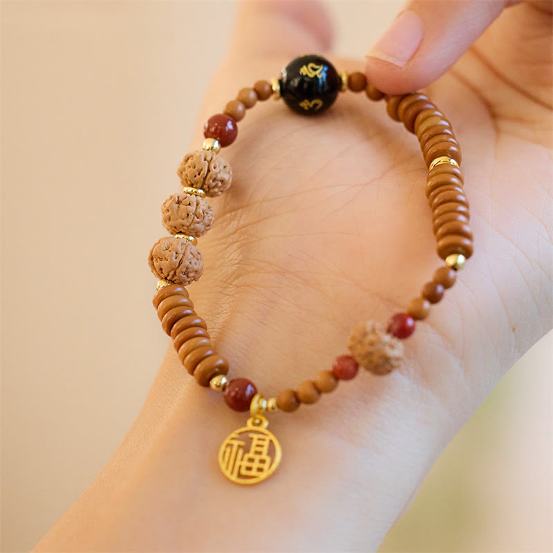 Fortune Jewel Tibetan Bodhi Seed Black Onyx Smoky Quartz Om Mani Padme Hum Fu Character Wealth Bracelet