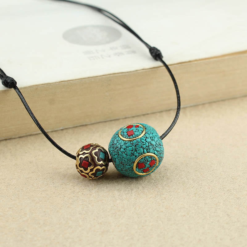 Fortune Jewel Tibetan Turquoise Double Bead Protection Strength Necklace Pendant