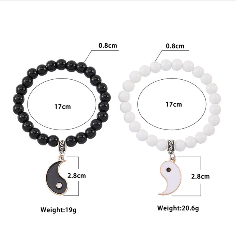Fortune Jewel 2Pcs Black Onyx White Turquoise Bead Yin Yang Protection Couple Bracelet