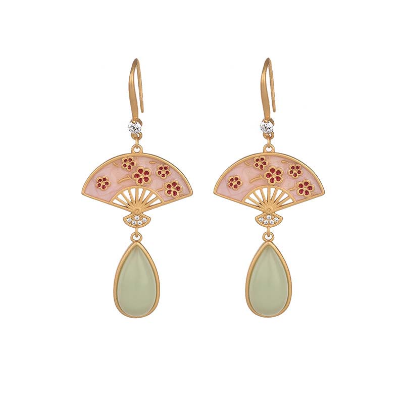 Fortune Jewel Natural Green Aventurine Fan Pattern Luck Drop Earrings