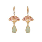 Fortune Jewel Natural Green Aventurine Fan Pattern Luck Drop Earrings