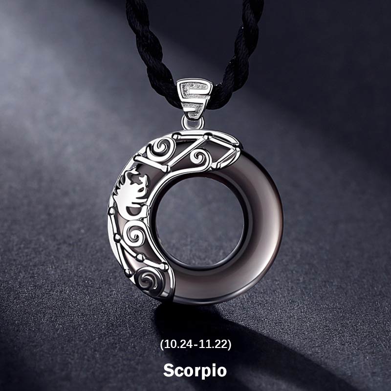 Fortune Jewel 12 Constellations of the Zodiac Ice Obsidian Blessing Round Pendant Necklace