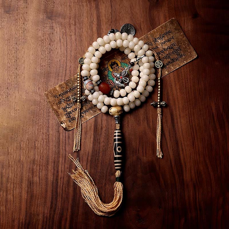 Fortune Jewel Tibet 108 Mala Beads Bodhi Seed Bagua Vajra Dzi Bead Gray Agate Wealth Bracelet