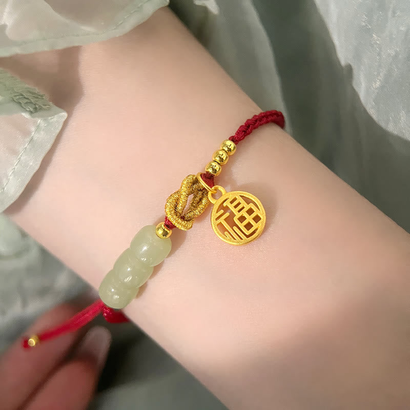 Fortune Jewel Handcrafted Jade Bead Fu Character Charm Luck Red Rope Bracelet