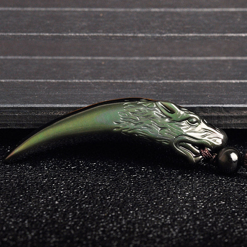 Fortune Jewel Natural Black Obsidian Ice Obsidian Rainbow Obsidian Wolf Tooth Pattern Strength Necklace Pendant