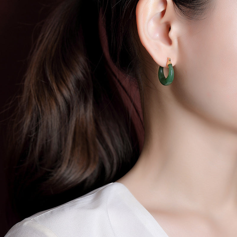 Fortune Jewel 925 Sterling Silver Plated Gold Natural Round Hetian Cyan Jade Luck Drop Earrings