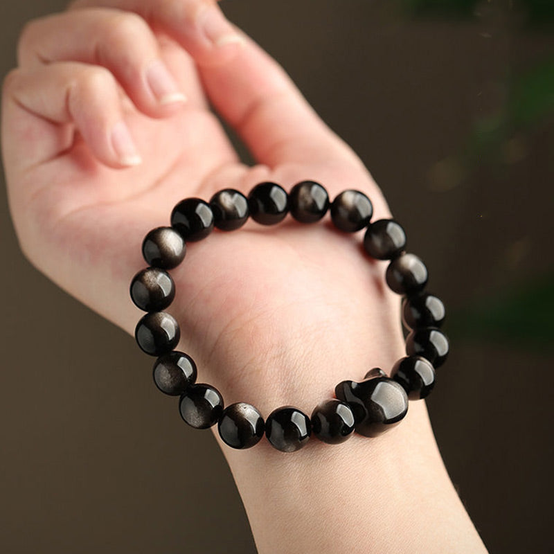 Fortune Jewel Gold Sheen Obsidian Silver Sheen Obsidian Lovely Paw Lucky Cat Protection Bracelet