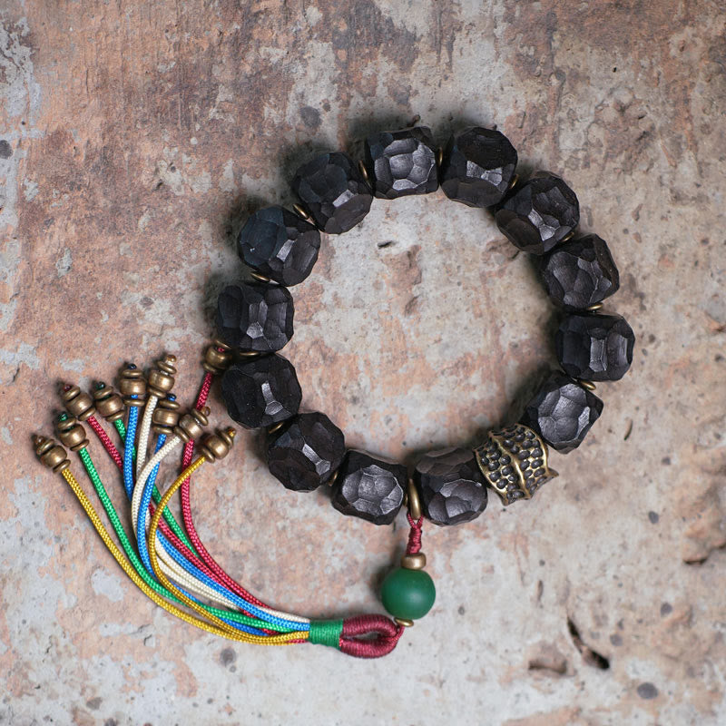 Fortune Jewel Tibet Ebony Wood Copper Peace Tassel Wrist Mala Bracelet
