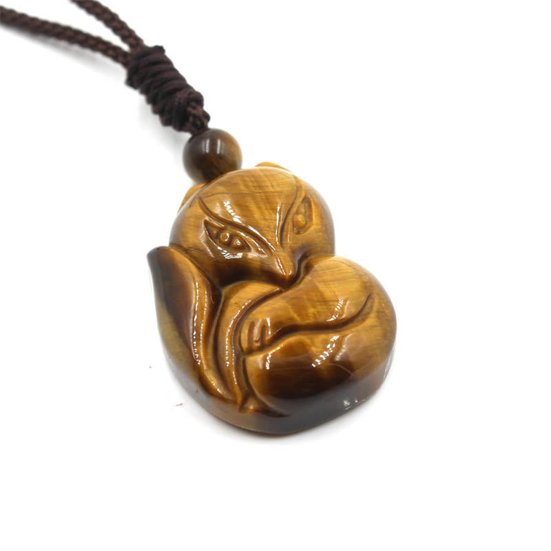 Fortune Jewel Natural Black Obsidian Tiger Eye Ice Obsidian Fox Pendant Amulet Necklace
