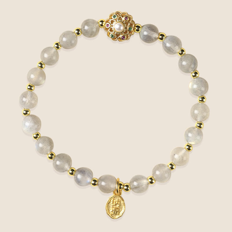 Fortune Jewel 14K Gold Plated Natural Strawberry Quartz Labradorite Sun Stone Fu Character Positive Charm Bracelet