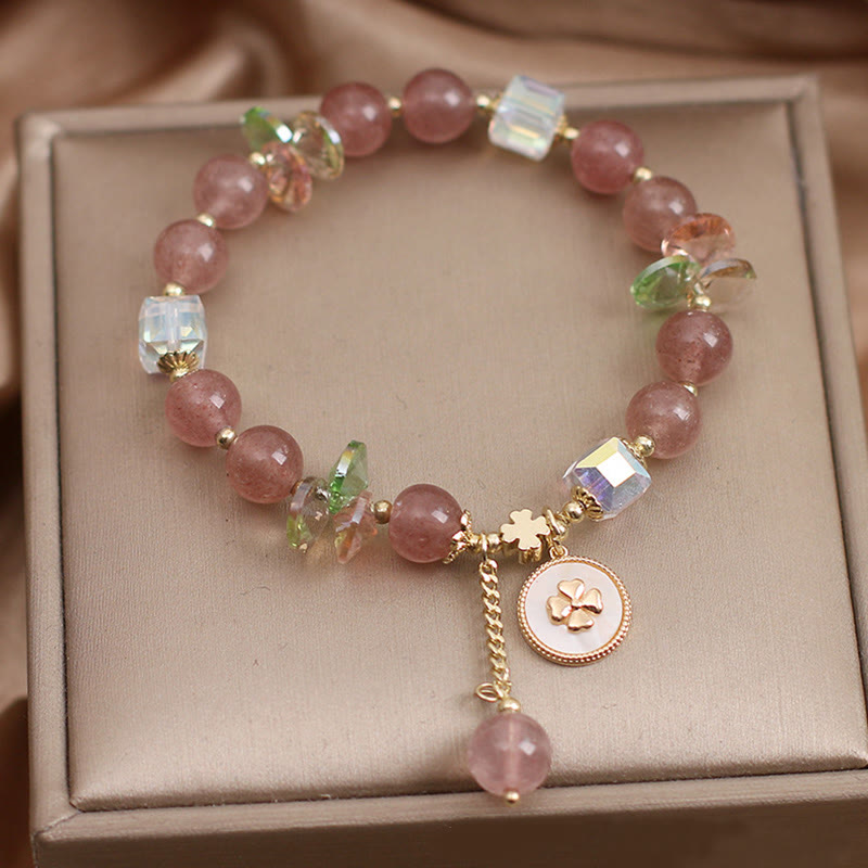 Fortune Jewel Strawberry Quartz Lucky Four Leaf Clover Healing Charm Bracelet