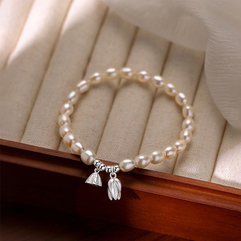 Fortune Jewel 999 Sterling Silver Lotus Flower Pod Natural Pearl Healing Bracelet