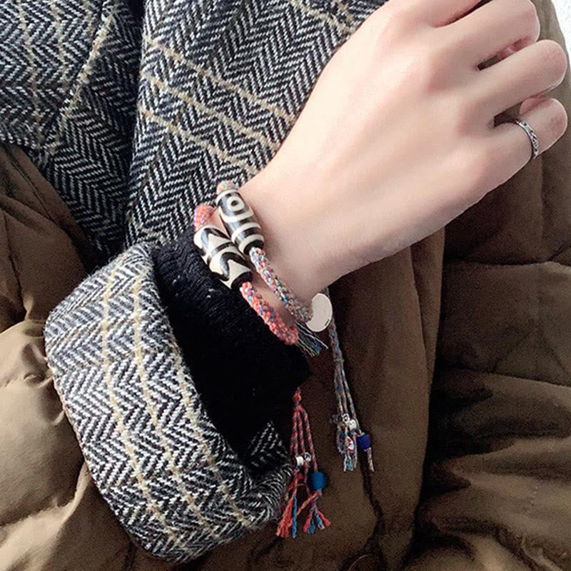 Fortune Jewel Tibetan 925 Sterling Silver Om Mani Padme Hum Handmade Dzi Bead Protection Braid Bracelet