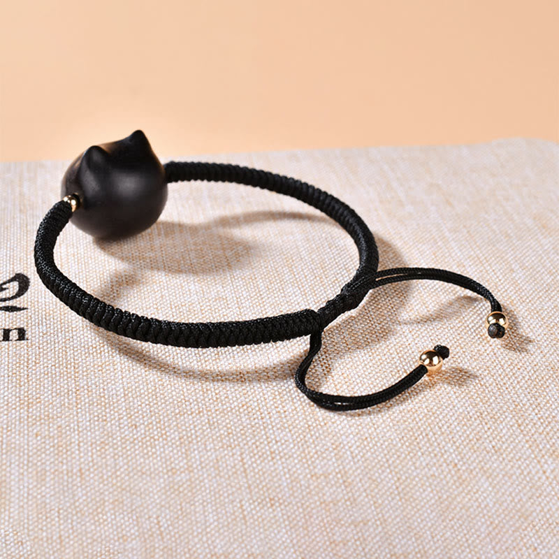Fortune Jewel Ebony Wood Cat Head Pattern Peace King Kong Knot Braided Bracelet