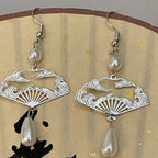 Fortune Jewel Copper Fan Auspicious Clouds Pearl Healing Drop Earrings
