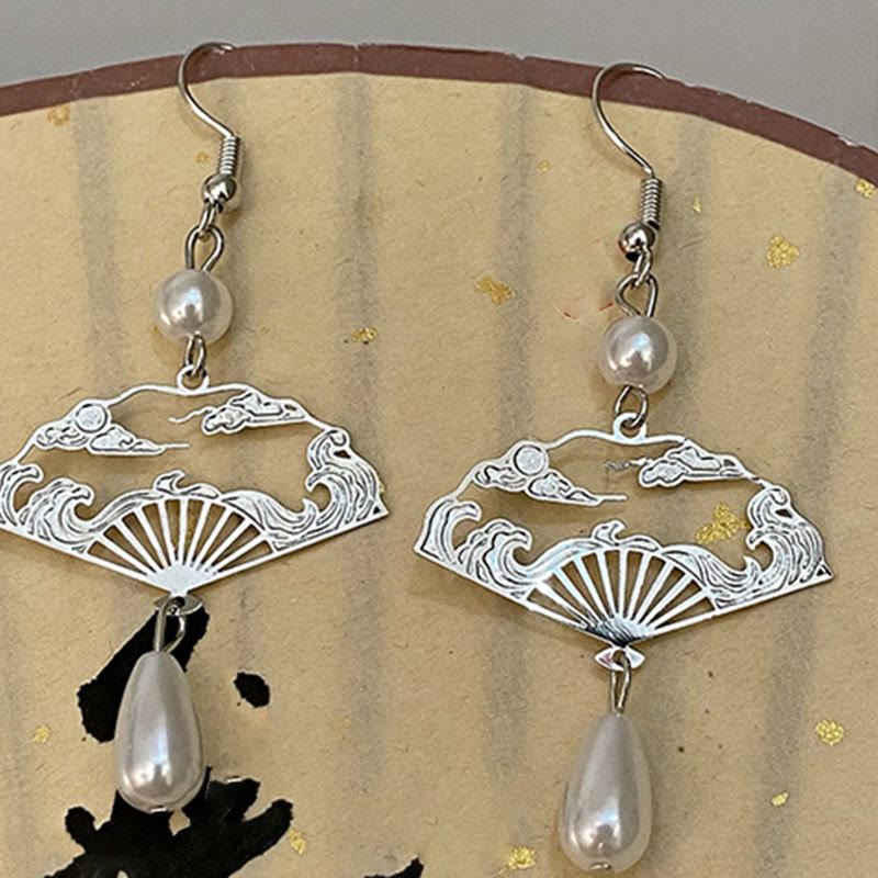 Fortune Jewel Copper Fan Auspicious Clouds Pearl Healing Drop Earrings