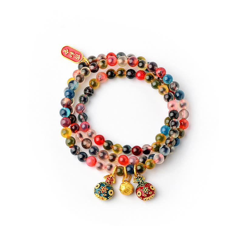 Fortune Jewel Colorful Candy Agate Gold Swallowing Beast Family Strength Charm Triple Wrap Bracelet