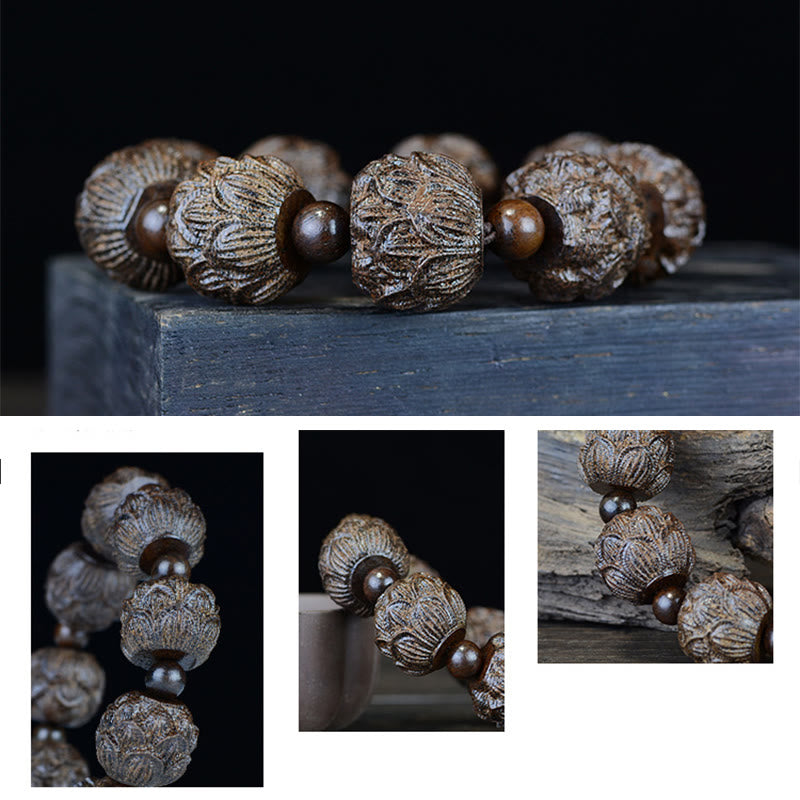 Fortune Jewel Ebony Wood Eighteen Arhats Lotus Dragon Engraved Balance Bracelet Fortune Jewel