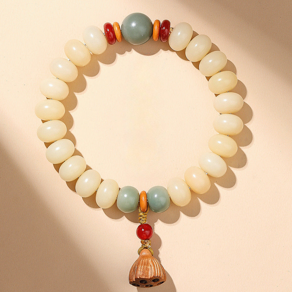 Cream-Toned White Jade Bodhi Bracelet with Boxwood Lotus Pod – Available in Single, Double Wrap, or 108 Mala