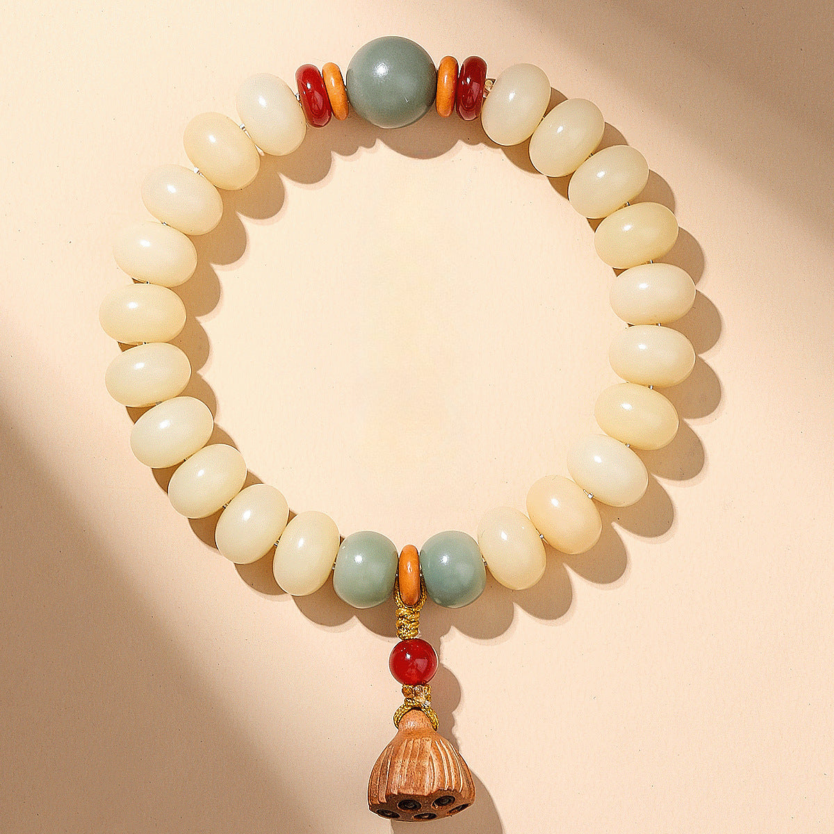 Cream-Toned White Jade Bodhi Bracelet with Boxwood Lotus Pod – Available in Single, Double Wrap, or 108 Mala