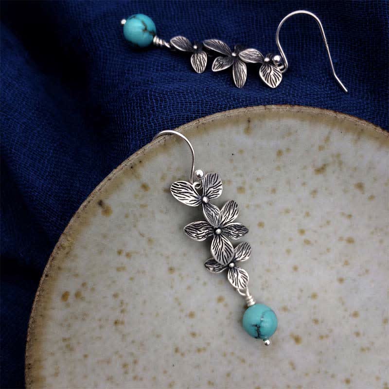 Fortune Jewel 925 Sterling Silver Turquoise Lazurite Flower Leaf Serenity Protection Hook Drop Dangle Earrings