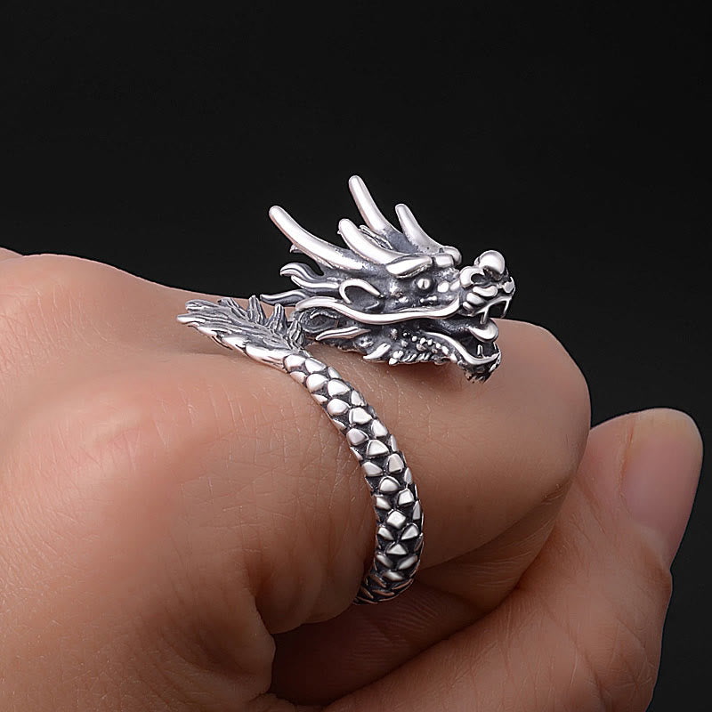 Fortune Jewel 990 Sterling Silver Vintage Dragon Design Luck Protection Strength Adjustable Ring