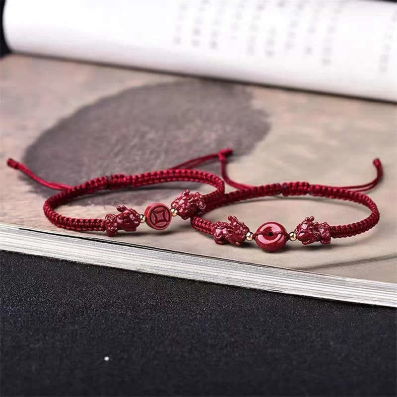 Fortune Jewel Cinnabar PiXiu Blessing Copper Coin Peace Buckle Red String Bracelet