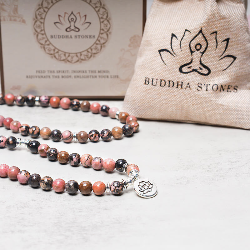Fortune Jewel 108 Mala Beads Rhodonite Lotus Compassion Energy Bracelet