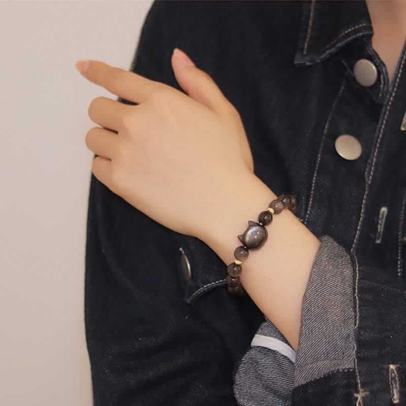 Fortune Jewel Gold Sheen Obsidian Silver Sheen Obsidian Lovely Paw Lucky Cat Protection Bracelet