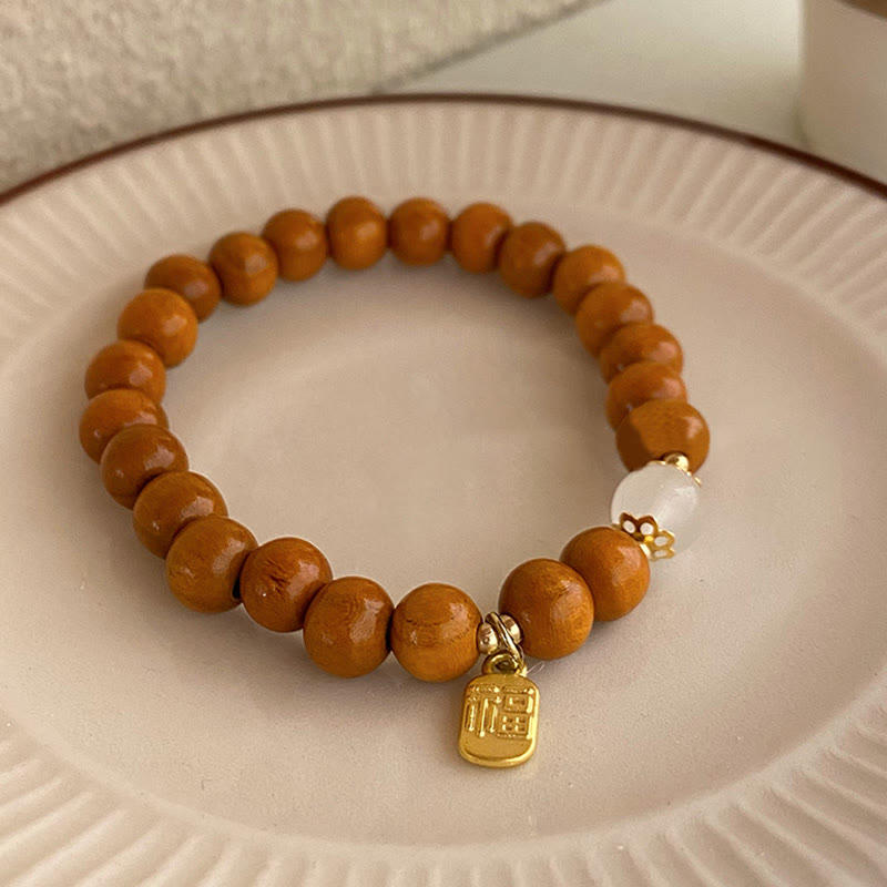 Fortune Jewel Sandalwood Cat's Eye Fu Character Charm Protection Bracelet