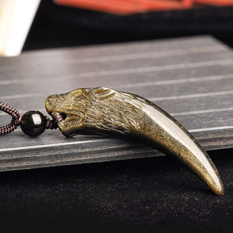 Fortune Jewel Natural Black Obsidian Ice Obsidian Rainbow Obsidian Wolf Tooth Pattern Strength Necklace Pendant