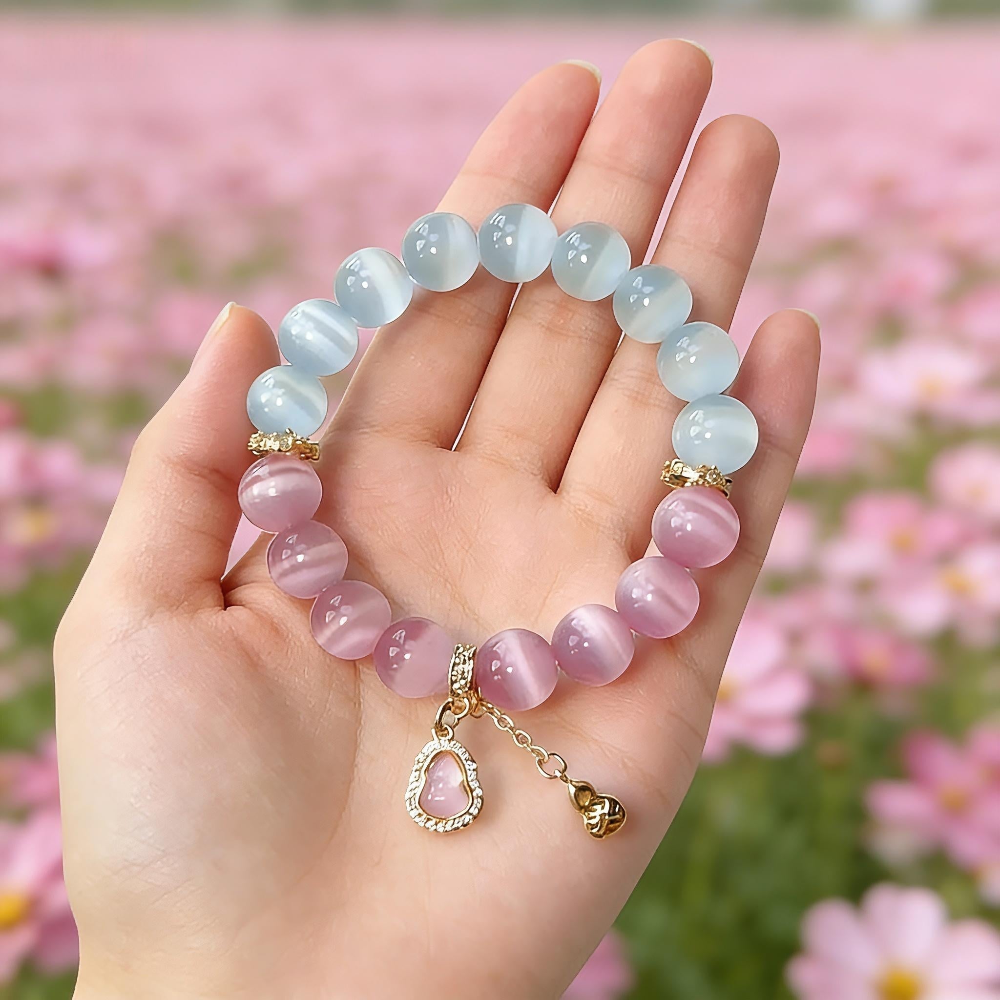 White & Pink Cat Eye Crystal Bracelet with Gourd Charm – Personalized Handmade Energy Beads